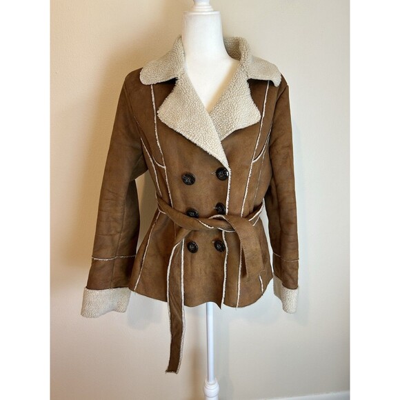 Xhilaration Jackets & Blazers - VTG 90s Y2K Xhilaration Penny Lane Leather Coat Womens L Tan Suede Boho Festival